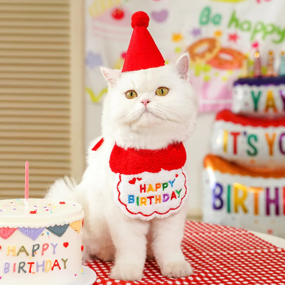 2024 Pet Birthday Hat Scarf Set Adjustable, Cat/Dog Birthday Supplies Mini Pet Saliva Towel Cat/Dog Supplies