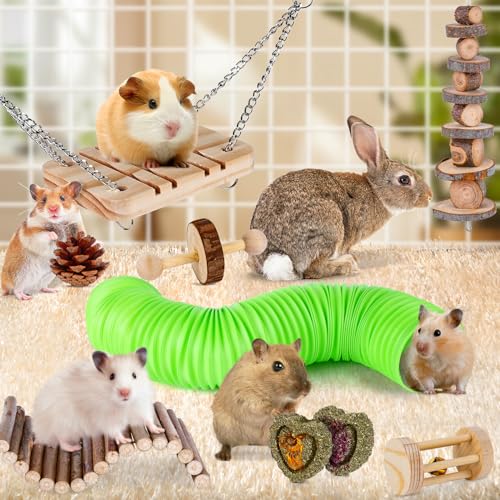 VESPRO Hamster Toys Set, Guinea Pig Toys Small Animal Chewing Toy and Rat Cage Accessories, Chinchillas, Gerbils, Rats, Rabbit Rodents Teeth Care, Apple Wood Timothy Hay Mouse Toy Swing Seesaw Bridge|B0CR6KC4VL
