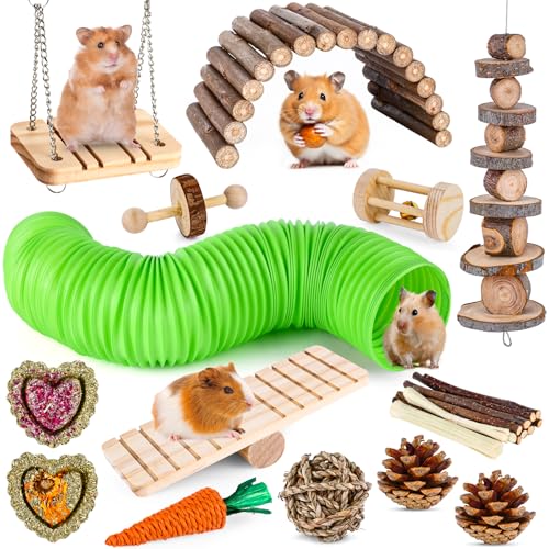 VESPRO Hamster Toys Set, Guinea Pig Toys Small Animal Chewing Toy and Rat Cage Accessories, Chinchillas, Gerbils, Rats, Rabbit Rodents Teeth Care, Apple Wood Timothy Hay Mouse Toy Swing Seesaw Bridge|B0CR6KC4VL