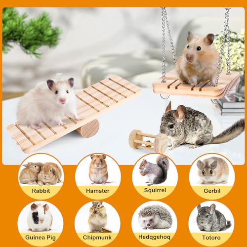 VESPRO Hamster Toys Set, Guinea Pig Toys Small Animal Chewing Toy and Rat Cage Accessories, Chinchillas, Gerbils, Rats, Rabbit Rodents Teeth Care, Apple Wood Timothy Hay Mouse Toy Swing Seesaw Bridge|B0CR6KC4VL