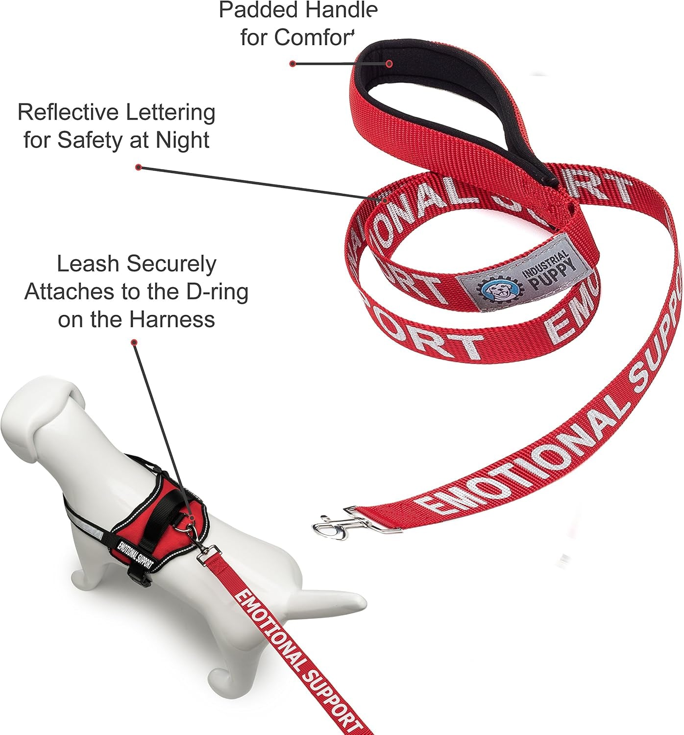 Emotional Support Dog Leash Wrap with Neoprene Handle and Reflective Emotional Support Lettering - Supplies or Accessories for ESA Dog Vest or Harness (Red, Support)
