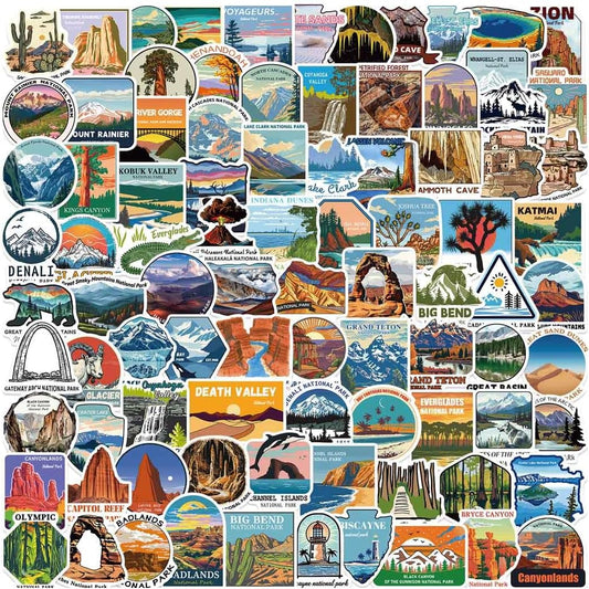 National Park Stickers Set 100Pcs, Waterproof Vinyl Outdoor Hiking Camping Adventure Wildness Nature Travel Sticker Decal for Water Bottle Laptop Car Bumper Luggage Phone Case Bike Cup Tumbler
