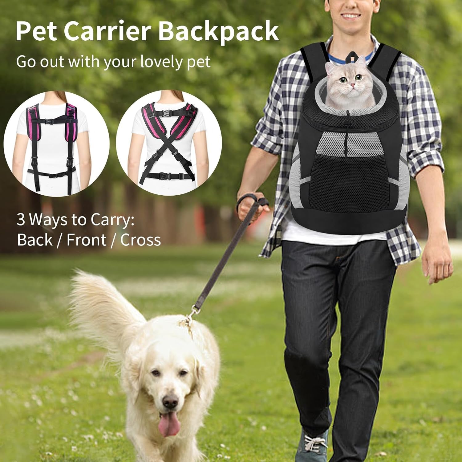 Dog Backpack Carrier, Front Chest Carrier for Small Dogs, Pet Carrying Bag for Travel Hiking Cycling Outdoor Black M(Suggested Pet Height 11-14 In, 7-13 Lbs)