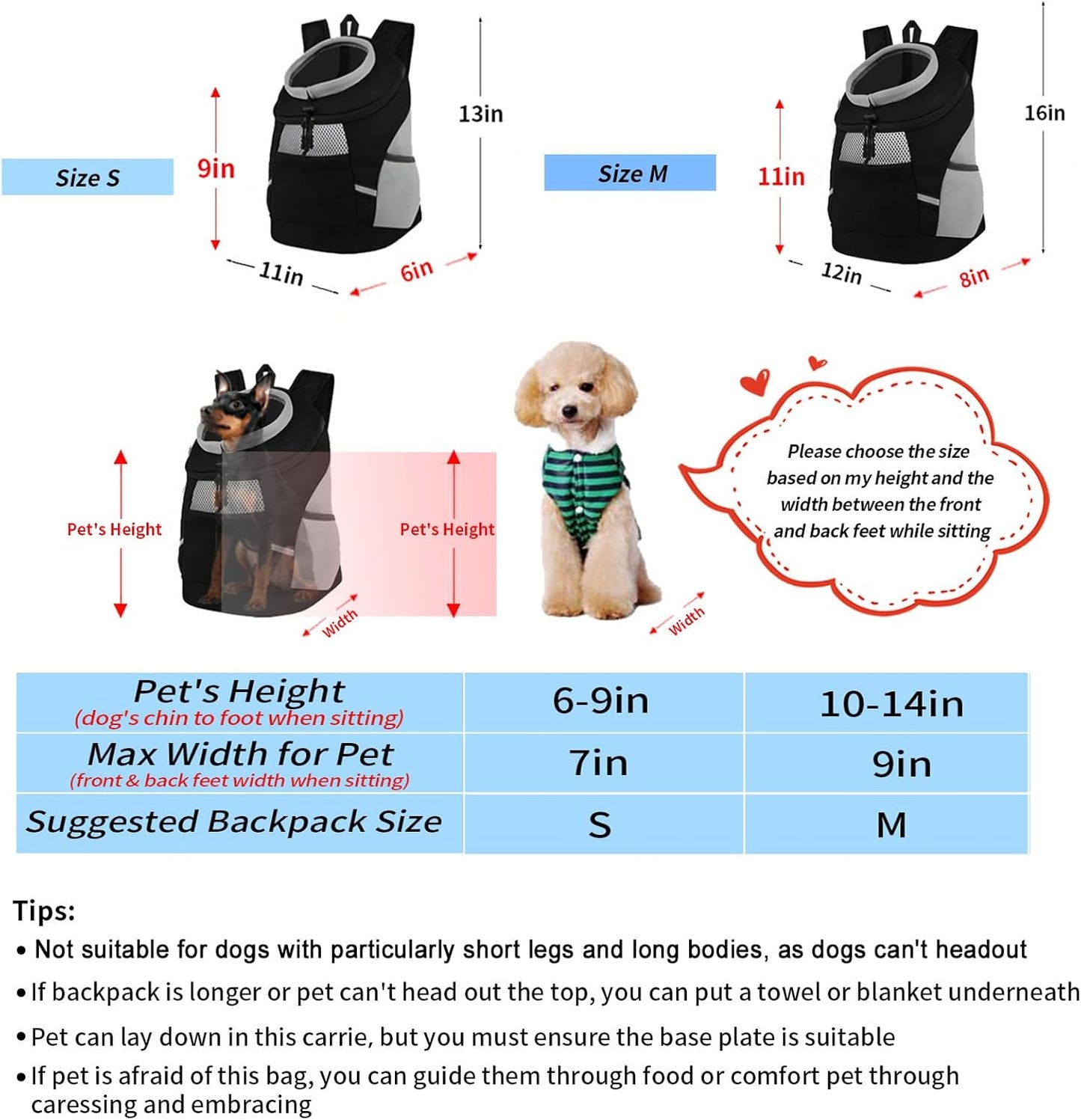 Dog Backpack Carrier, Front Chest Carrier for Small Dogs, Pet Carrying Bag for Travel Hiking Cycling Outdoor Black M(Suggested Pet Height 11-14 In, 7-13 Lbs)