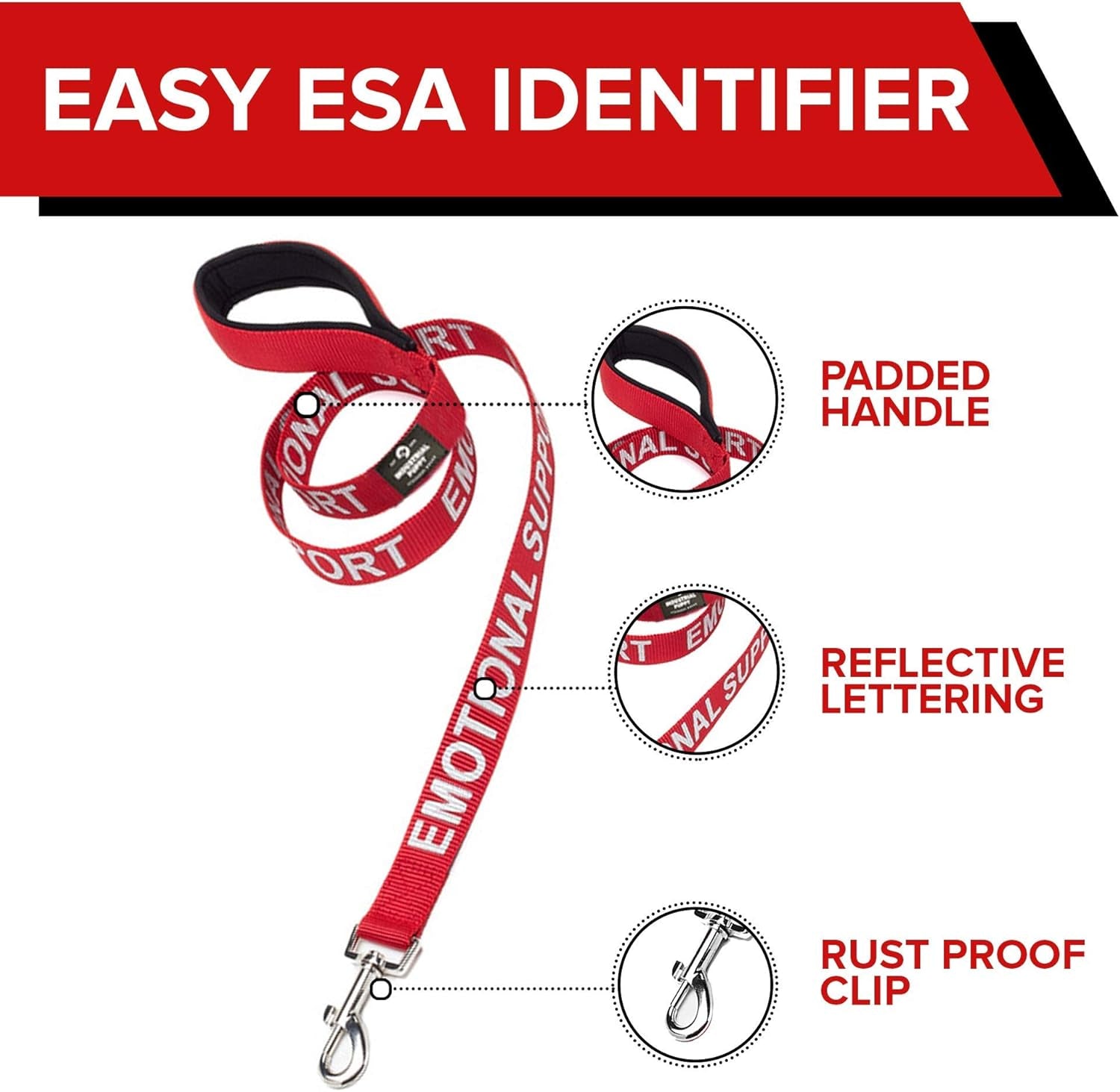 Emotional Support Dog Leash Wrap with Neoprene Handle and Reflective Emotional Support Lettering - Supplies or Accessories for ESA Dog Vest or Harness (Red, Support)