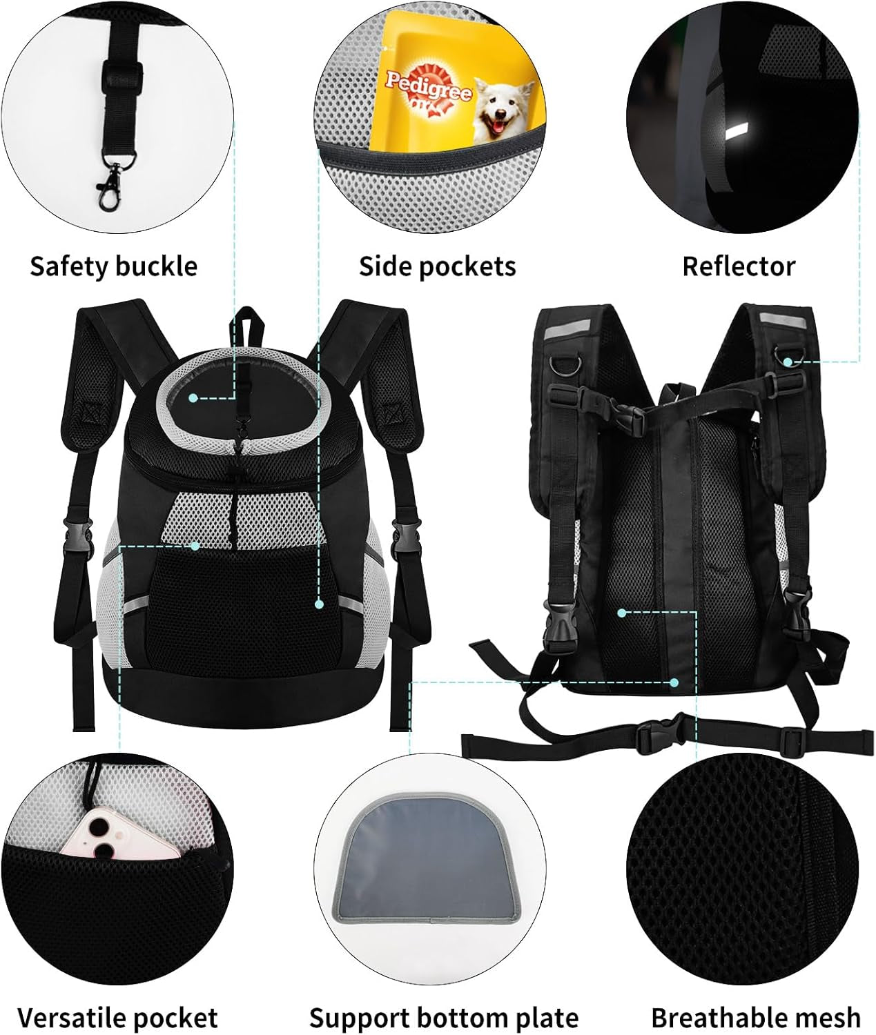 Dog Backpack Carrier, Front Chest Carrier for Small Dogs, Pet Carrying Bag for Travel Hiking Cycling Outdoor Black M(Suggested Pet Height 11-14 In, 7-13 Lbs)